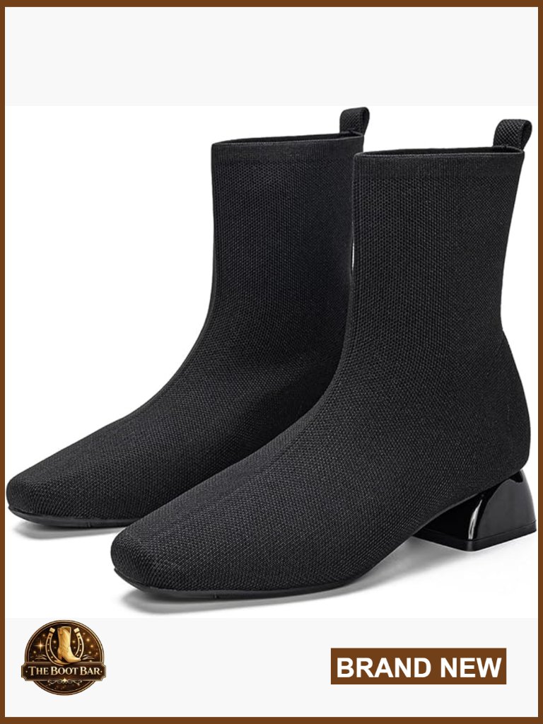 Low Heel Ankle Booties Square Toe Slip On Knit Winter Shoes